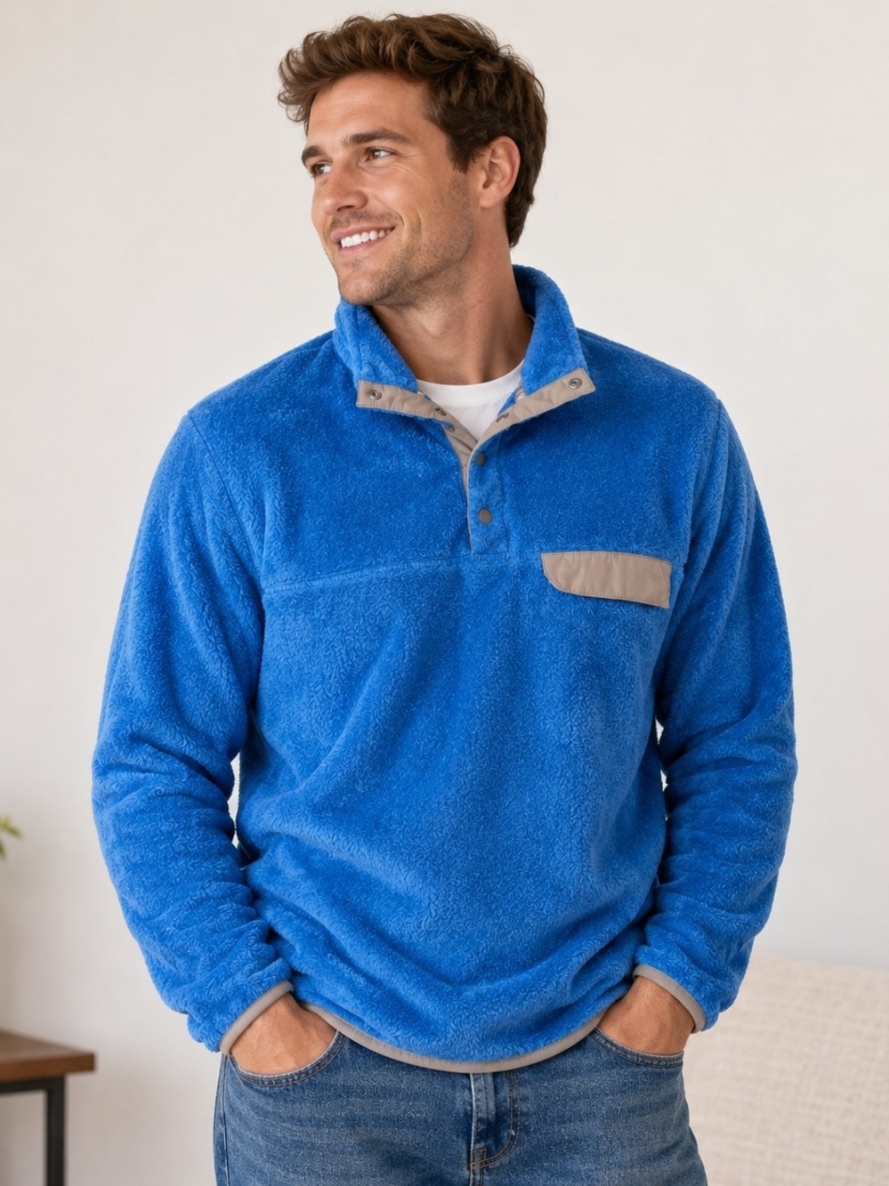 JACHS Cabin Men’s XL Blue Sherpa Fleece Snap Pullover Jacket Outdoor